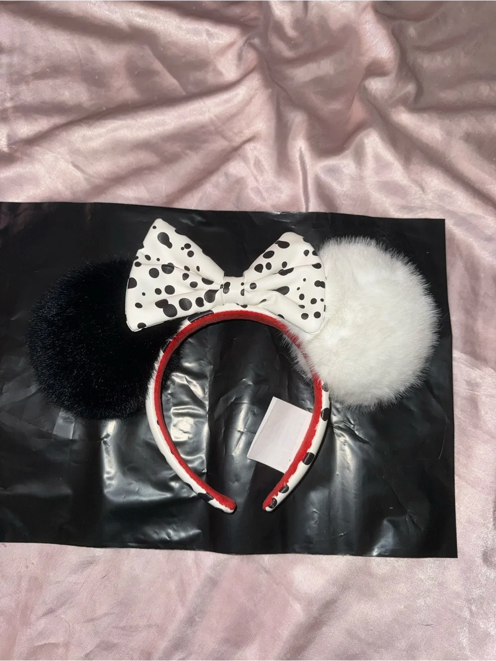 101 Dalmatian Print Bow Disney Minnie ears with Black and White Pom Ears